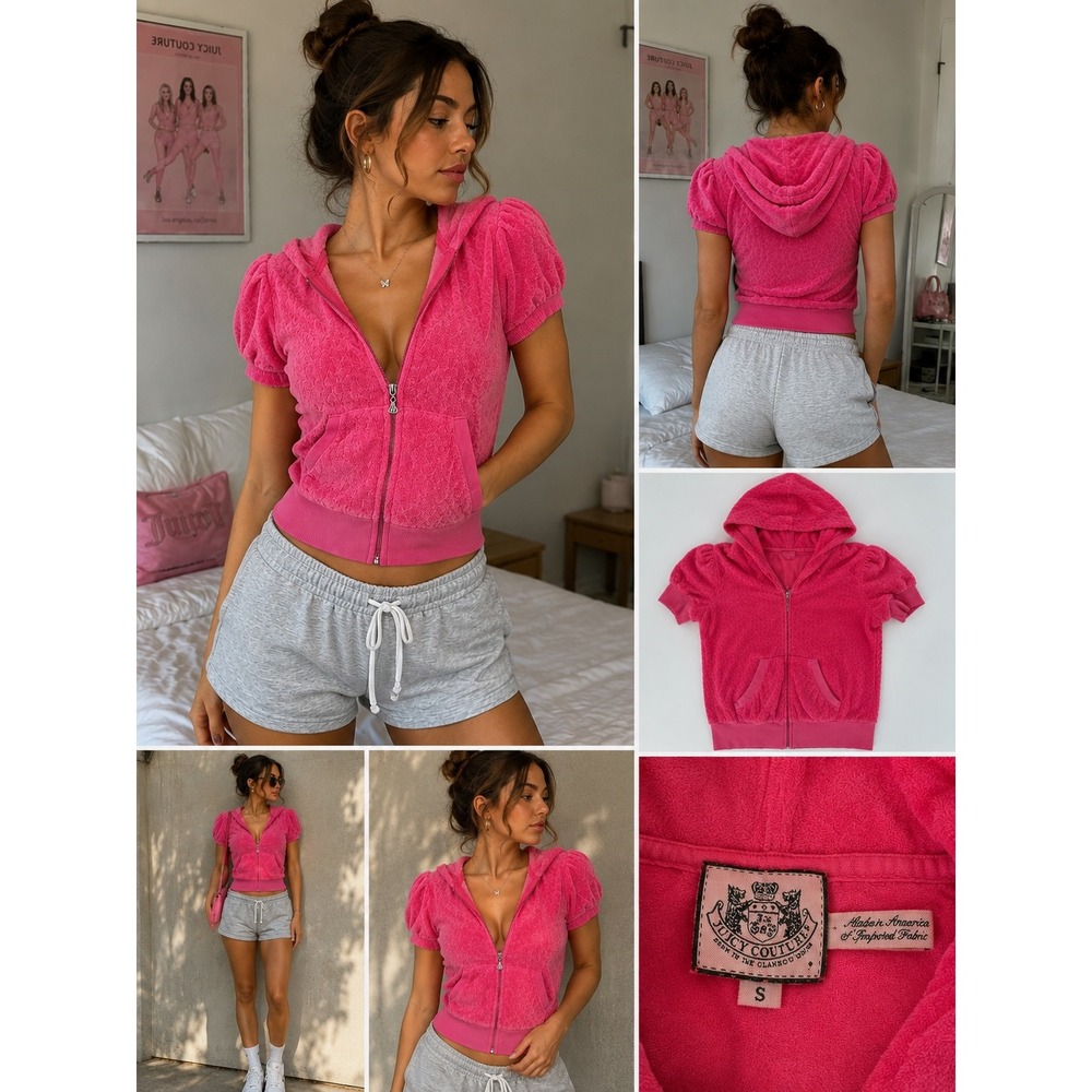 VTG Y2K Juicy Couture Pink Terry Cloth Heart Quilted Short Sleeve Zip Up Hoodie